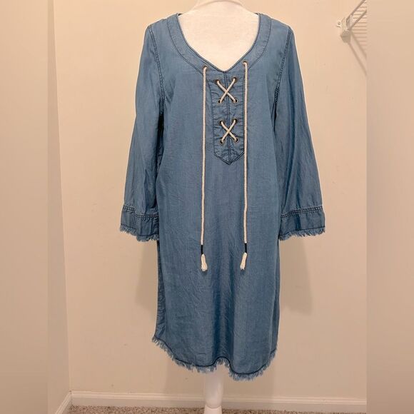Michael Stars Women’s Blue Denim Tunic Dress 
Chambray Raw Fringe Hem Medium - Picture 1 of 10